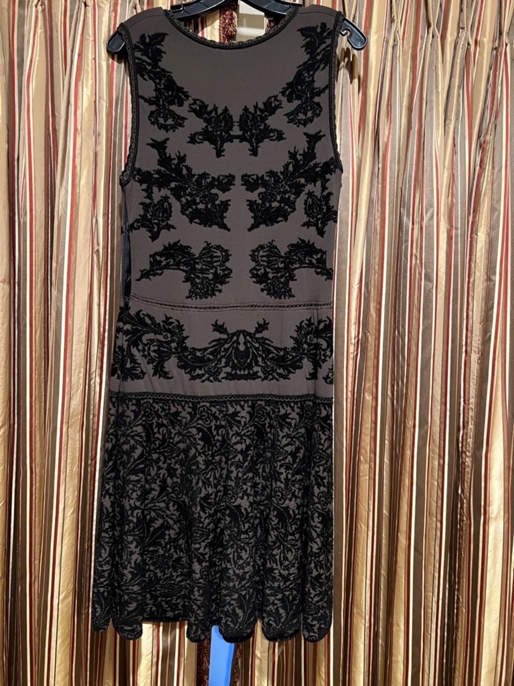 Zac Posen Black and Olive green Floral Applique Midi Dress